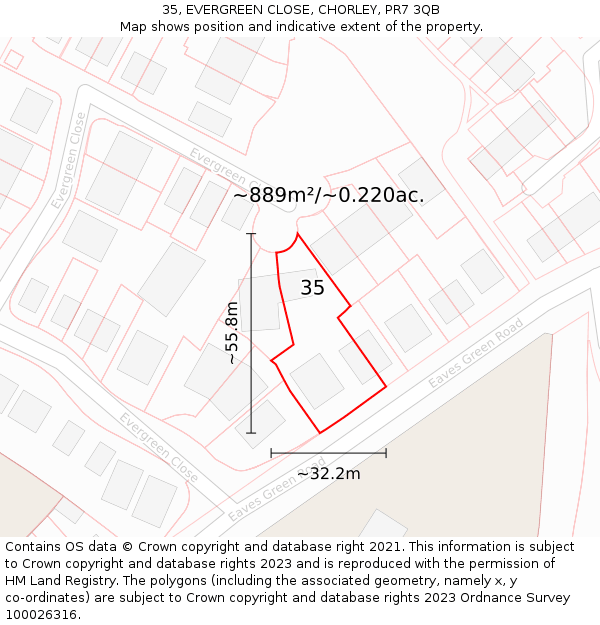 35, EVERGREEN CLOSE, CHORLEY, PR7 3QB: Plot and title map