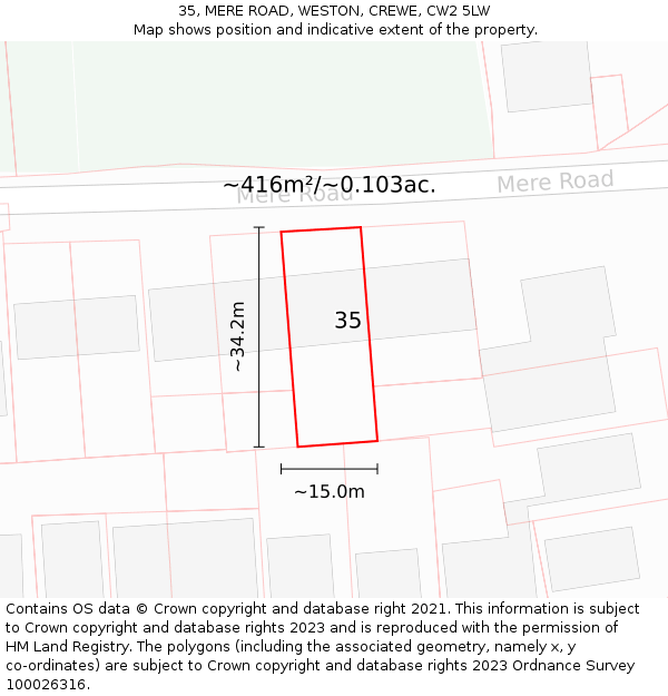 35, MERE ROAD, WESTON, CREWE, CW2 5LW: Plot and title map