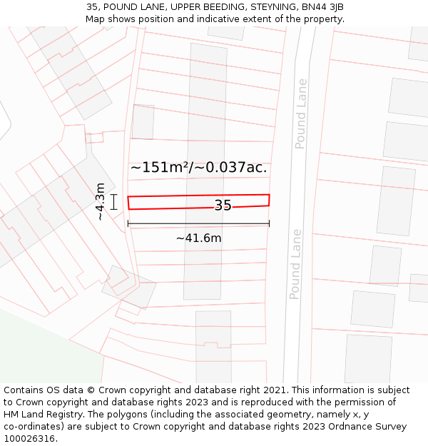 35, POUND LANE, UPPER BEEDING, STEYNING, BN44 3JB: Plot and title map