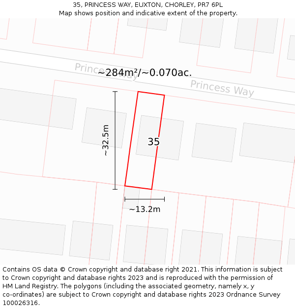 35, PRINCESS WAY, EUXTON, CHORLEY, PR7 6PL: Plot and title map