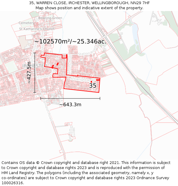 35, WARREN CLOSE, IRCHESTER, WELLINGBOROUGH, NN29 7HF: Plot and title map