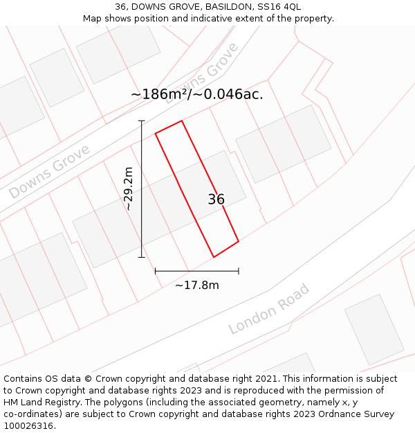 36, DOWNS GROVE, BASILDON, SS16 4QL: Plot and title map