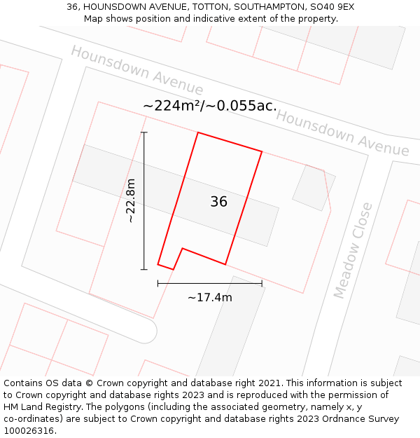36, HOUNSDOWN AVENUE, TOTTON, SOUTHAMPTON, SO40 9EX: Plot and title map