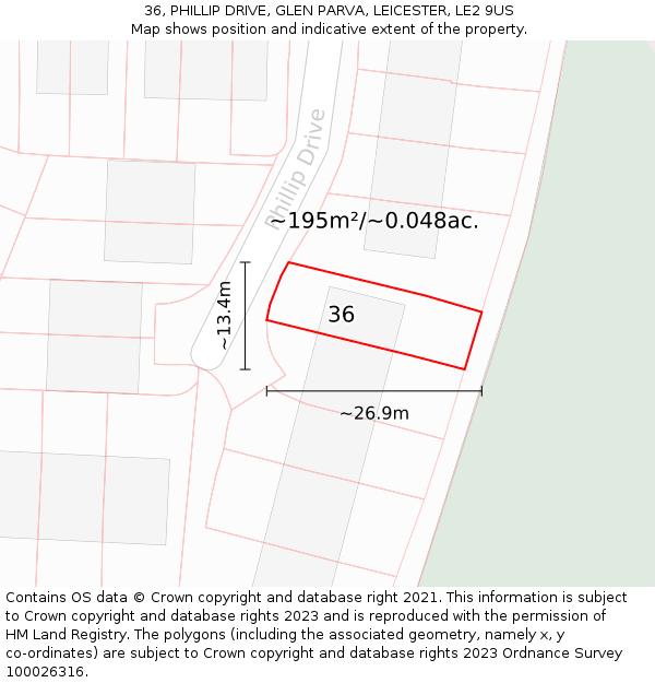 36, PHILLIP DRIVE, GLEN PARVA, LEICESTER, LE2 9US: Plot and title map