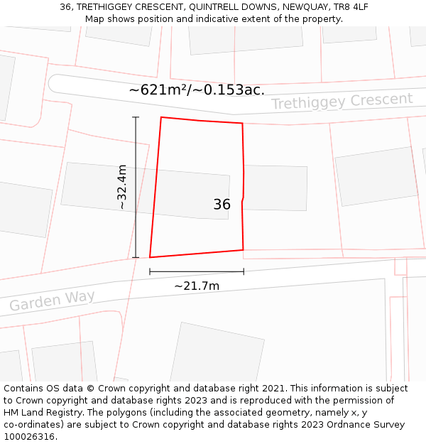 36, TRETHIGGEY CRESCENT, QUINTRELL DOWNS, NEWQUAY, TR8 4LF: Plot and title map