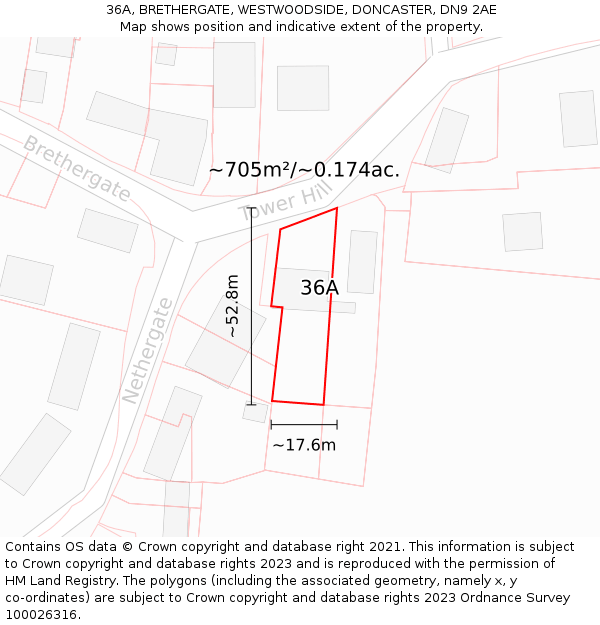 36A, BRETHERGATE, WESTWOODSIDE, DONCASTER, DN9 2AE: Plot and title map