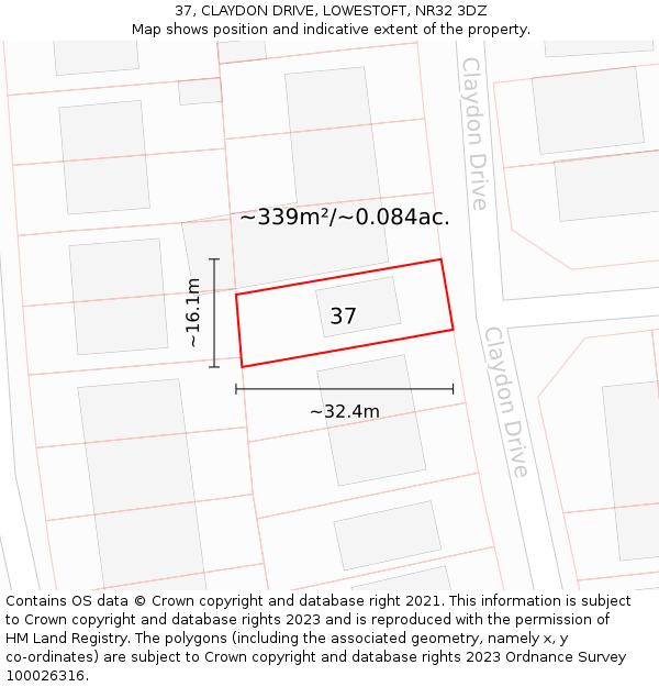 37, CLAYDON DRIVE, LOWESTOFT, NR32 3DZ: Plot and title map