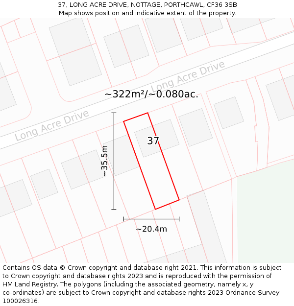 37, LONG ACRE DRIVE, NOTTAGE, PORTHCAWL, CF36 3SB: Plot and title map
