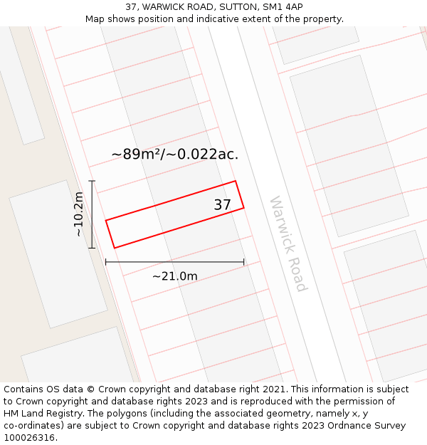 37, WARWICK ROAD, SUTTON, SM1 4AP: Plot and title map