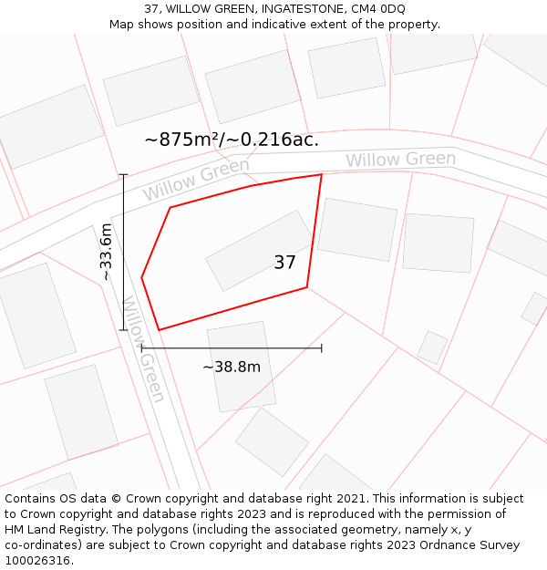 37, WILLOW GREEN, INGATESTONE, CM4 0DQ: Plot and title map