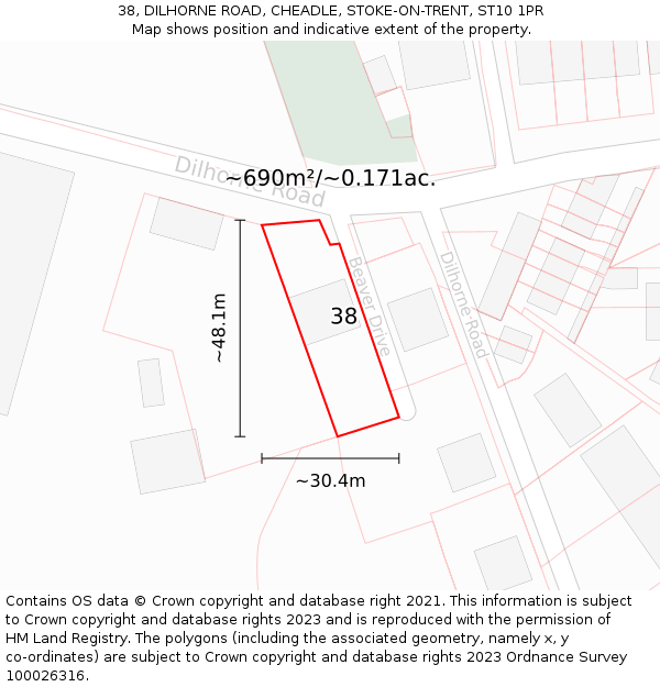 38, DILHORNE ROAD, CHEADLE, STOKE-ON-TRENT, ST10 1PR: Plot and title map