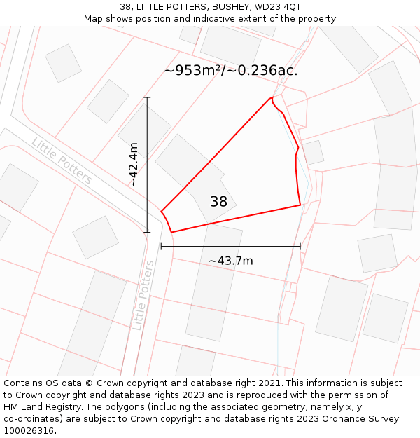 38, LITTLE POTTERS, BUSHEY, WD23 4QT: Plot and title map