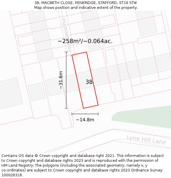 38, MACBETH CLOSE, PENKRIDGE, STAFFORD, ST19 5TW: Plot and title map