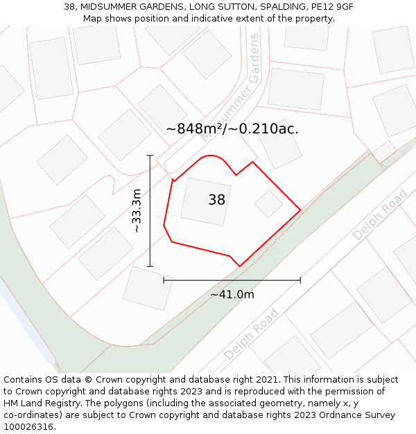 38, MIDSUMMER GARDENS, LONG SUTTON, SPALDING, PE12 9GF: Plot and title map