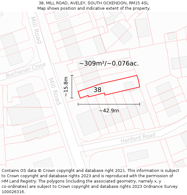 38, MILL ROAD, AVELEY, SOUTH OCKENDON, RM15 4SL: Plot and title map