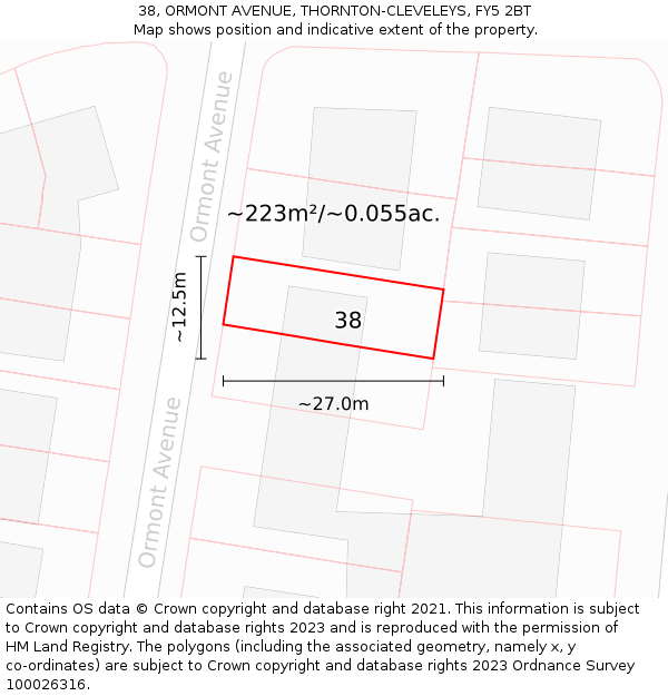 38, ORMONT AVENUE, THORNTON-CLEVELEYS, FY5 2BT: Plot and title map