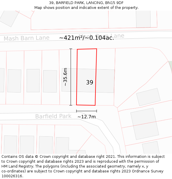 39, BARFIELD PARK, LANCING, BN15 9DF: Plot and title map