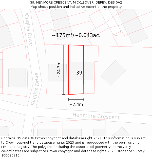 39, HENMORE CRESCENT, MICKLEOVER, DERBY, DE3 0AZ: Plot and title map