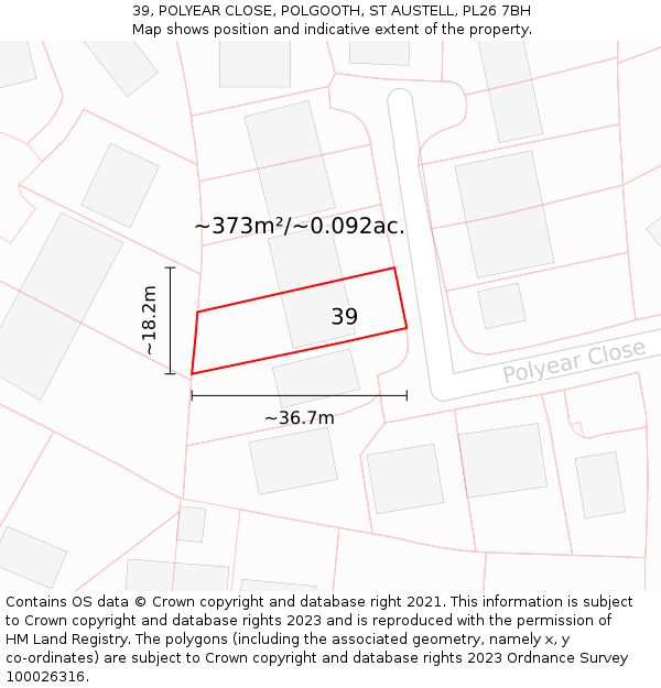 39, POLYEAR CLOSE, POLGOOTH, ST AUSTELL, PL26 7BH: Plot and title map