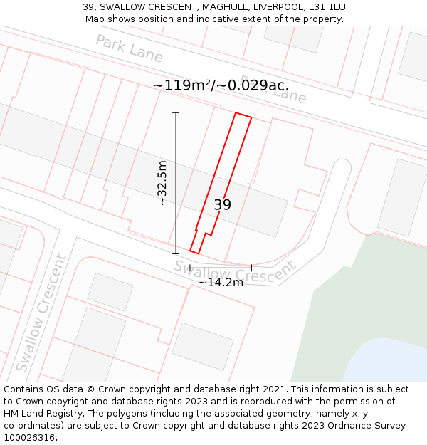 39, SWALLOW CRESCENT, MAGHULL, LIVERPOOL, L31 1LU: Plot and title map