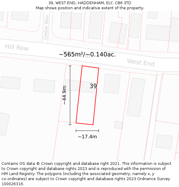 39, WEST END, HADDENHAM, ELY, CB6 3TD: Plot and title map