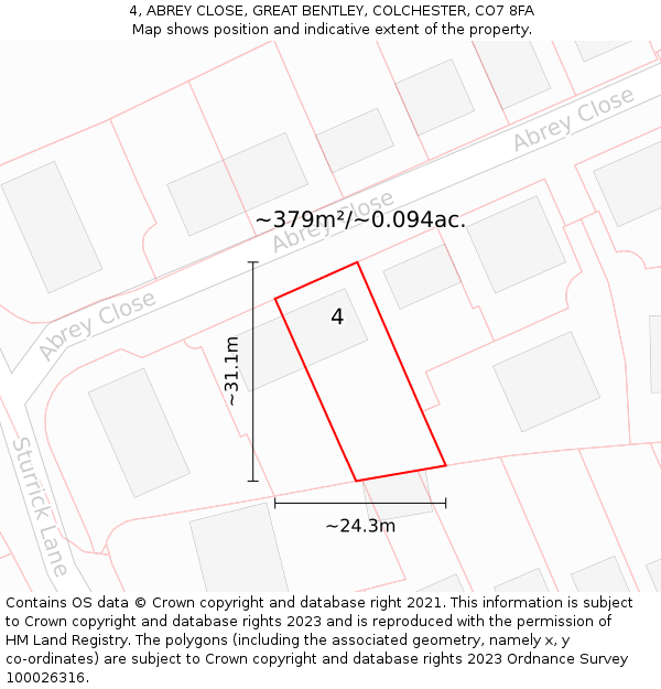 4, ABREY CLOSE, GREAT BENTLEY, COLCHESTER, CO7 8FA: Plot and title map