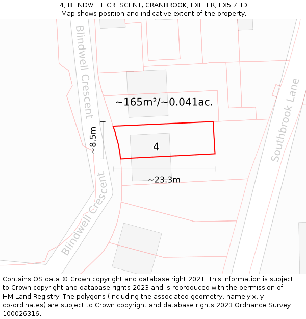 4, BLINDWELL CRESCENT, CRANBROOK, EXETER, EX5 7HD: Plot and title map