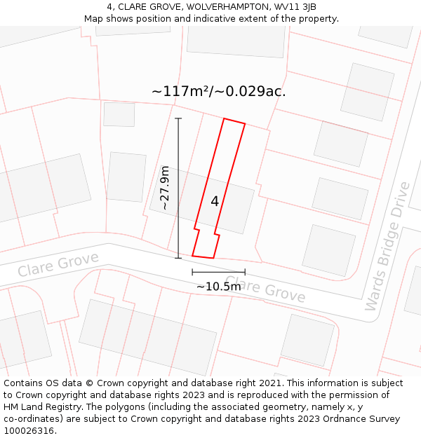 4, CLARE GROVE, WOLVERHAMPTON, WV11 3JB: Plot and title map