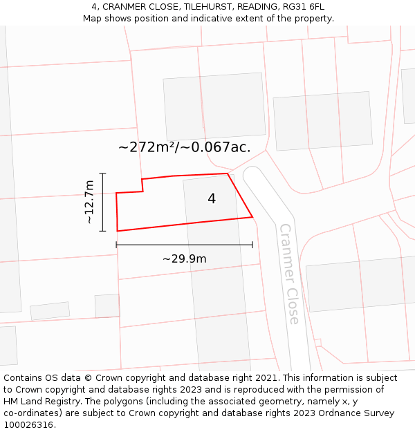 4, CRANMER CLOSE, TILEHURST, READING, RG31 6FL: Plot and title map