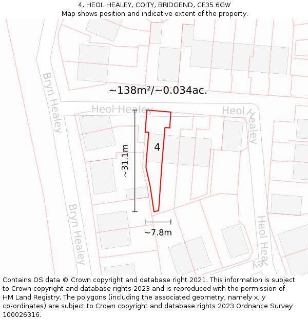 4, HEOL HEALEY, COITY, BRIDGEND, CF35 6GW: Plot and title map
