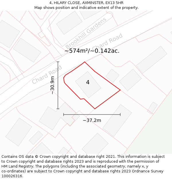 4, HILARY CLOSE, AXMINSTER, EX13 5HR: Plot and title map