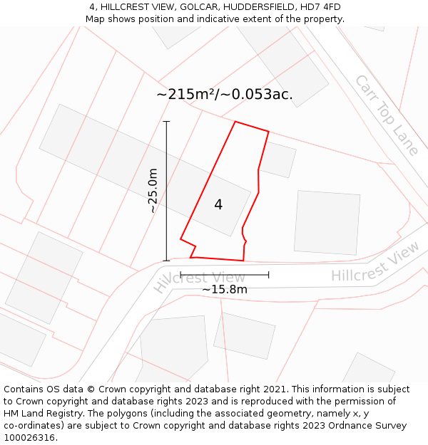 4, HILLCREST VIEW, GOLCAR, HUDDERSFIELD, HD7 4FD: Plot and title map