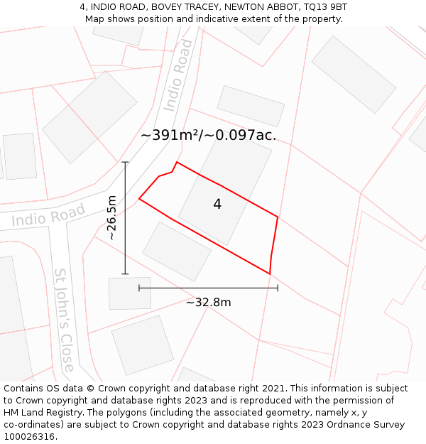 4, INDIO ROAD, BOVEY TRACEY, NEWTON ABBOT, TQ13 9BT: Plot and title map