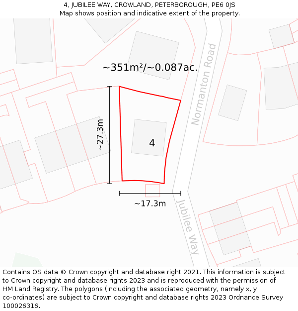 4, JUBILEE WAY, CROWLAND, PETERBOROUGH, PE6 0JS: Plot and title map