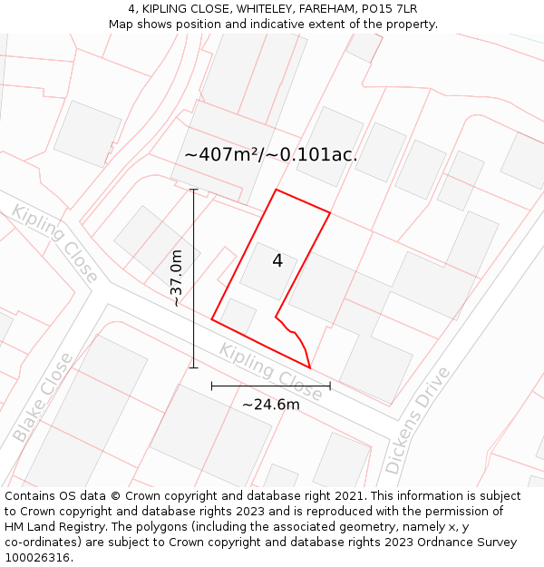 4, KIPLING CLOSE, WHITELEY, FAREHAM, PO15 7LR: Plot and title map