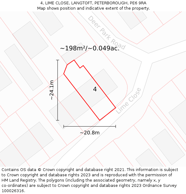 4, LIME CLOSE, LANGTOFT, PETERBOROUGH, PE6 9RA: Plot and title map