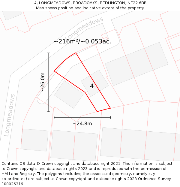 4, LONGMEADOWS, BROADOAKS, BEDLINGTON, NE22 6BR: Plot and title map
