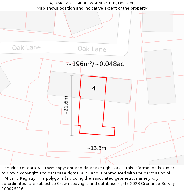 4, OAK LANE, MERE, WARMINSTER, BA12 6FJ: Plot and title map