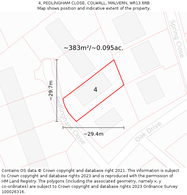 4, PEDLINGHAM CLOSE, COLWALL, MALVERN, WR13 6RB: Plot and title map