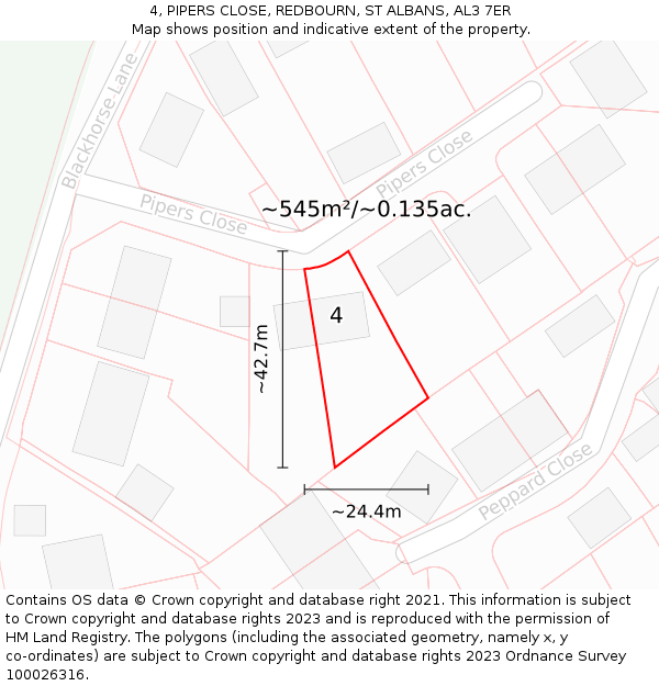 4, PIPERS CLOSE, REDBOURN, ST ALBANS, AL3 7ER: Plot and title map