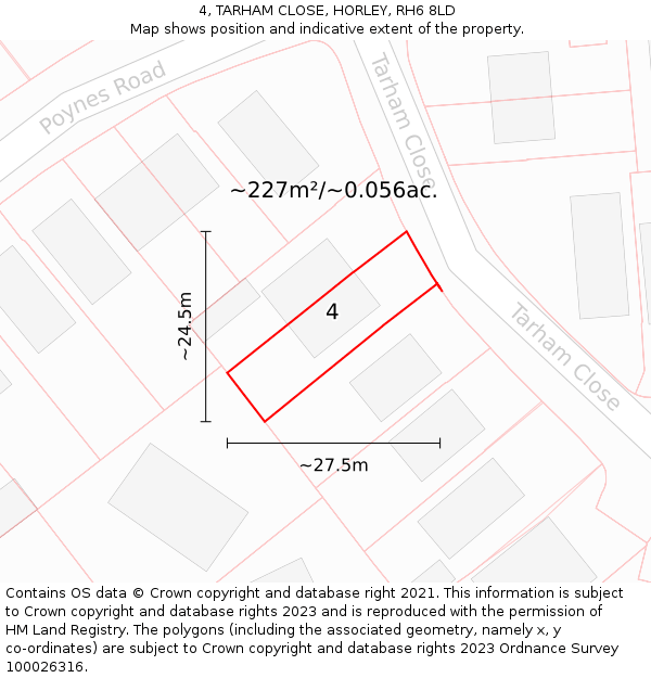 4, TARHAM CLOSE, HORLEY, RH6 8LD: Plot and title map
