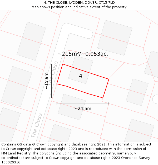 4, THE CLOSE, LYDDEN, DOVER, CT15 7LD: Plot and title map