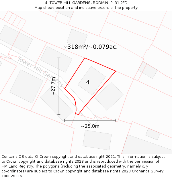 4, TOWER HILL GARDENS, BODMIN, PL31 2FD: Plot and title map