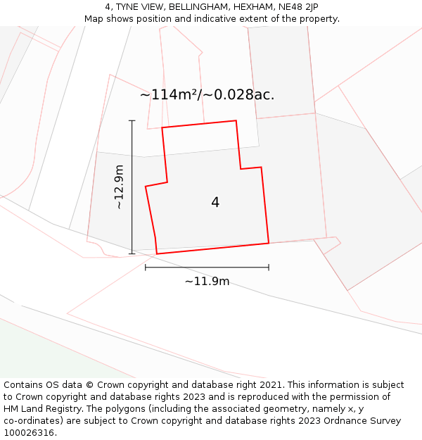 4, TYNE VIEW, BELLINGHAM, HEXHAM, NE48 2JP: Plot and title map