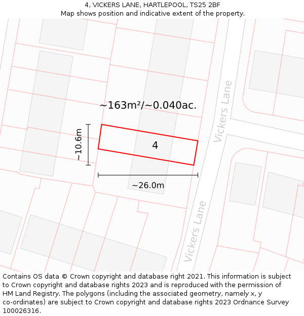 4, VICKERS LANE, HARTLEPOOL, TS25 2BF: Plot and title map