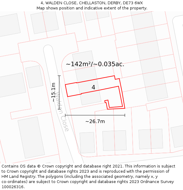 4, WALDEN CLOSE, CHELLASTON, DERBY, DE73 6WX: Plot and title map