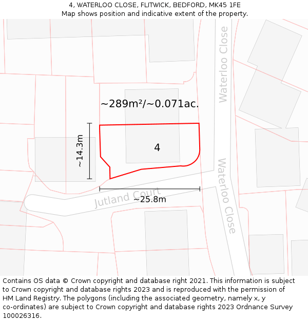 4, WATERLOO CLOSE, FLITWICK, BEDFORD, MK45 1FE: Plot and title map
