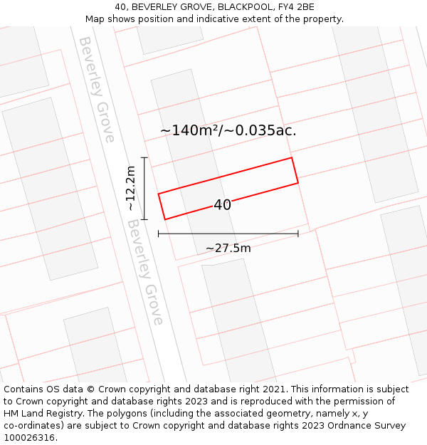 40, BEVERLEY GROVE, BLACKPOOL, FY4 2BE: Plot and title map