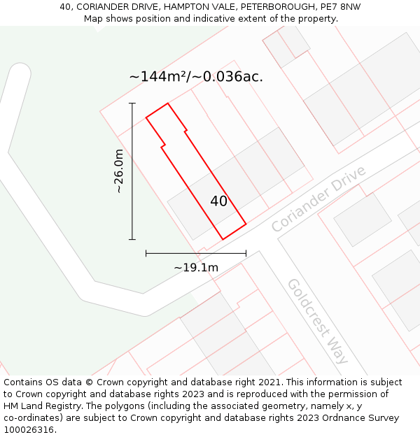 40, CORIANDER DRIVE, HAMPTON VALE, PETERBOROUGH, PE7 8NW: Plot and title map