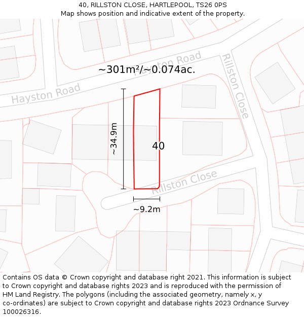 40, RILLSTON CLOSE, HARTLEPOOL, TS26 0PS: Plot and title map
